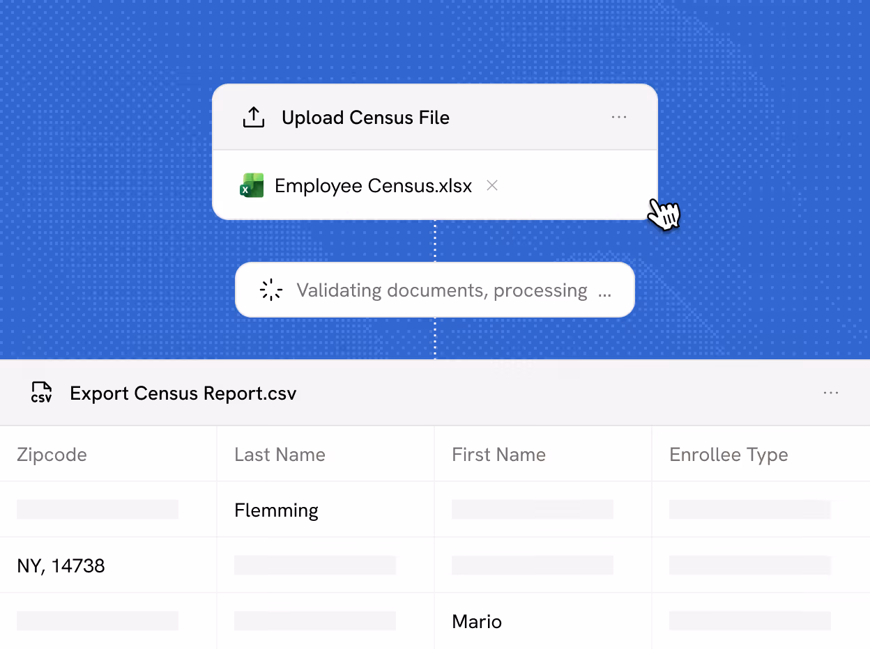 Cassidy Workflow showing steps of uploading an Excel file named Employee Census.xlsx, with a progress indicator saying Validating documents, processing, and a partial view of a CSV export report displaying columns for Zipcode, Last Name, First Name, and Enrollee Type.