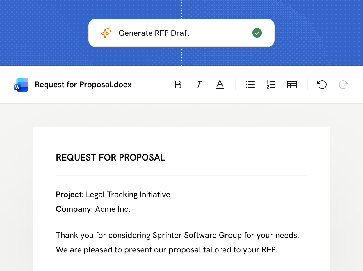 Screenshot of a document titled 'Request for Proposal' for the Legal Tracking Initiative project by Acme Inc., with a note thanking Sprinter Software Group and a Generate RFP Draft button above.
