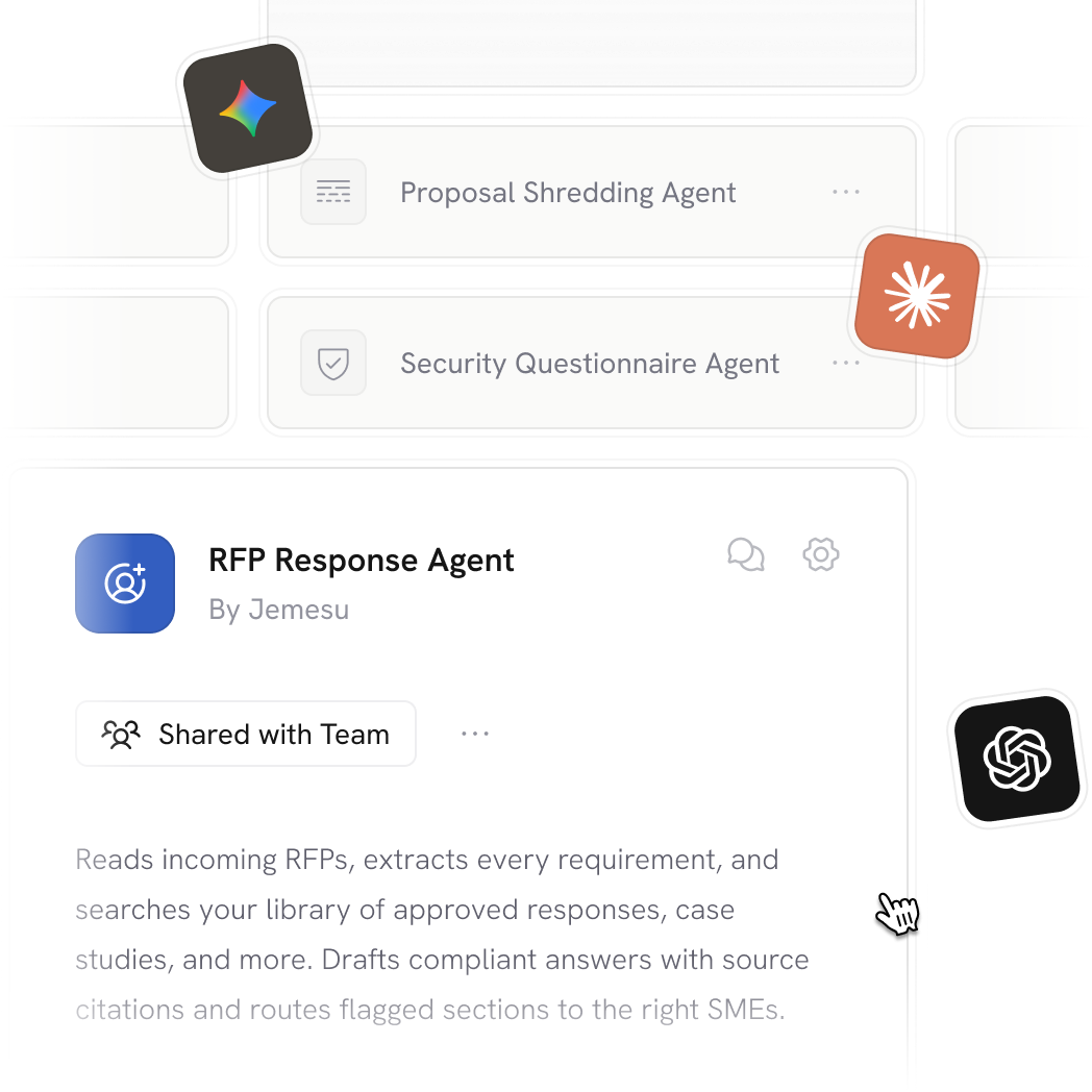 Interface showing Cassidy AI agents: Proposal Shredding Agent, Security Questionnaire Agent, and RFP Response Agent by Jemesu shared with team, describing RFP processing features.