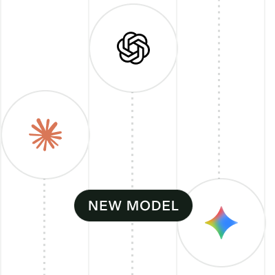 Diagram with three white circles showing icons above a label reading New Model.