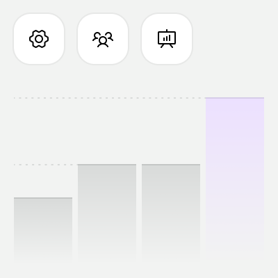 Bar chart with three bars increasing in height from left to right, topped by three rounded square icons.