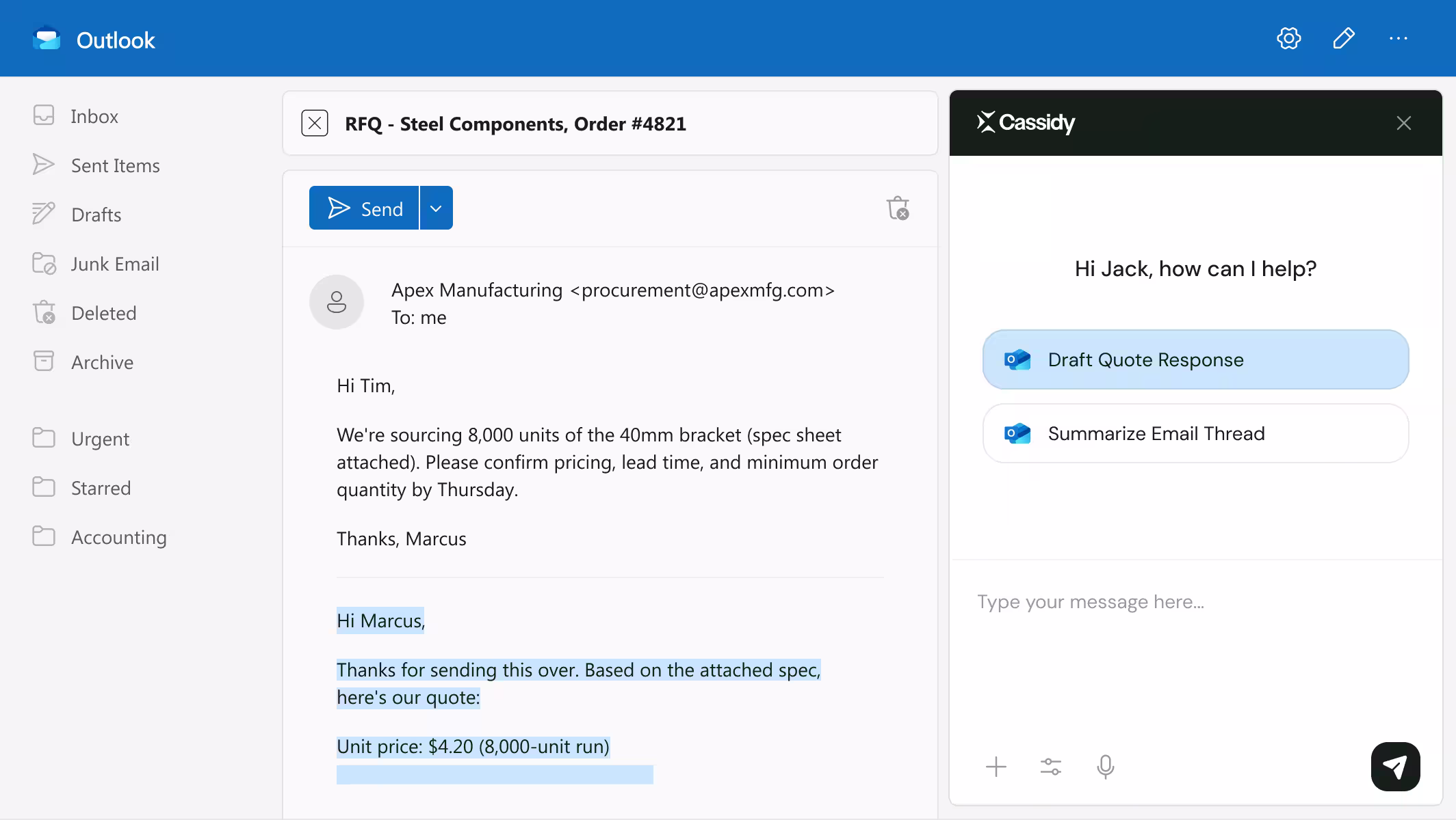 Outlook Cassidy extension mockup