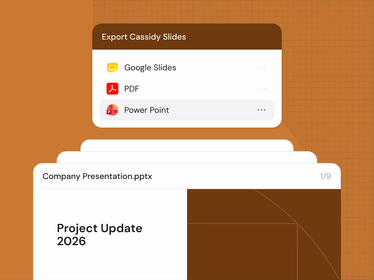 Export Cassidy Slides menu with Google Slides, PDF, and PowerPoint options.