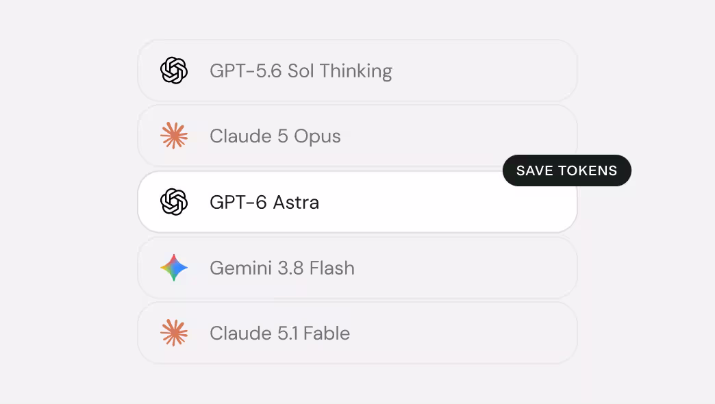 AI model picker listing GPT, Claude, and Gemini options with a Save Tokens badge.