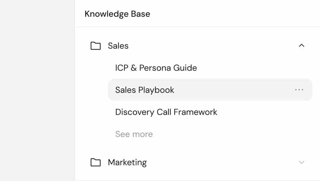 Knowledge Base sidebar with Sales folder documents expanded.