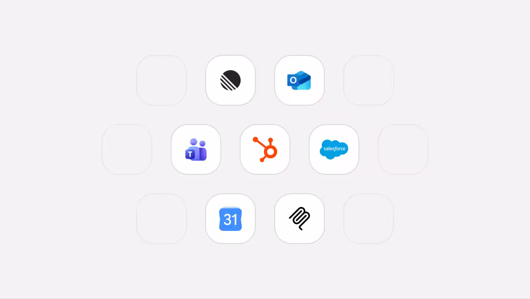 Grid of connector icons including HubSpot, Salesforce, Teams, Outlook, and Calendar.
