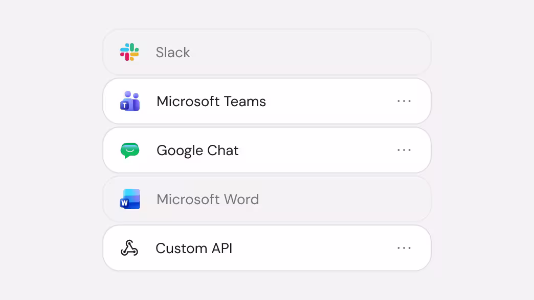 Deployment channels list with Slack, Microsoft Teams, Google Chat, Word, and Custom API.