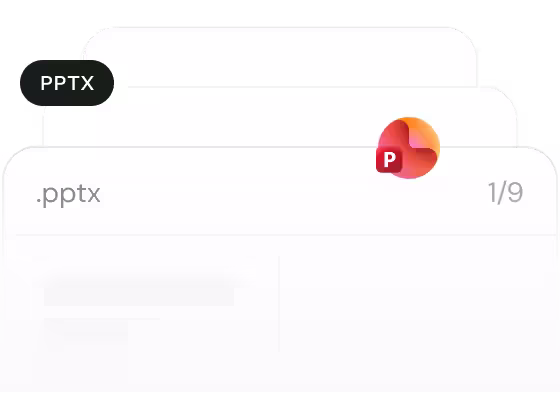 Stacked PowerPoint slide preview cards with a PPTX badge.