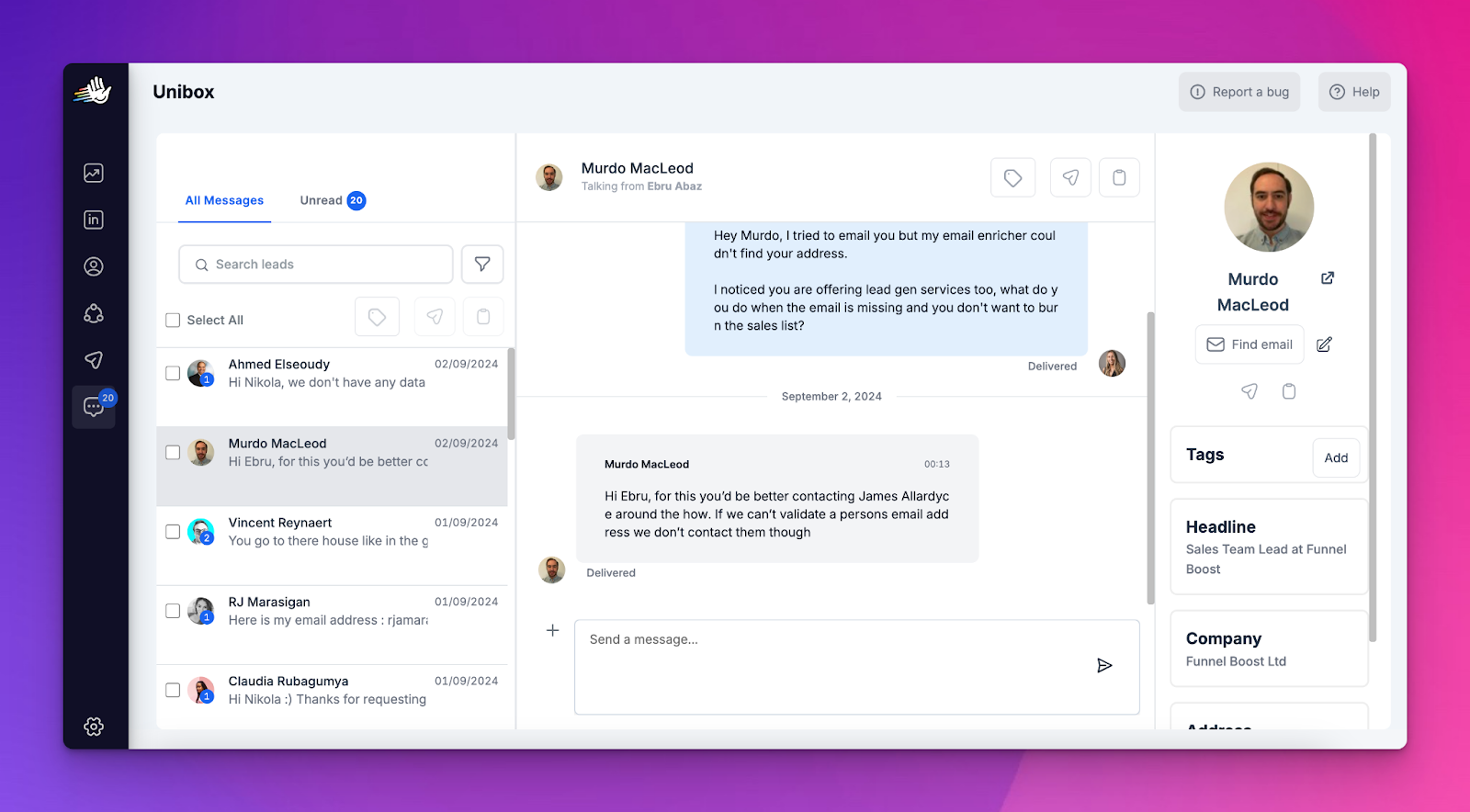HeyReach Unibox shows all replies in a single view.
