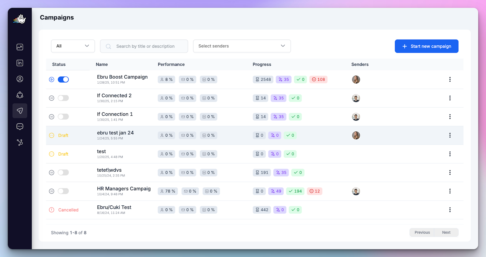 HeyReach Campaigns screen shows campaign performance metrics.