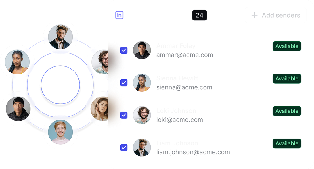 User interface showing LinkedIn accounts list with names