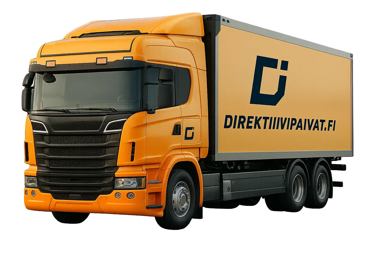 Orange delivery truck with black grill and logo, displaying the text DIREKTIIVIPAIVAT.FI on its side.