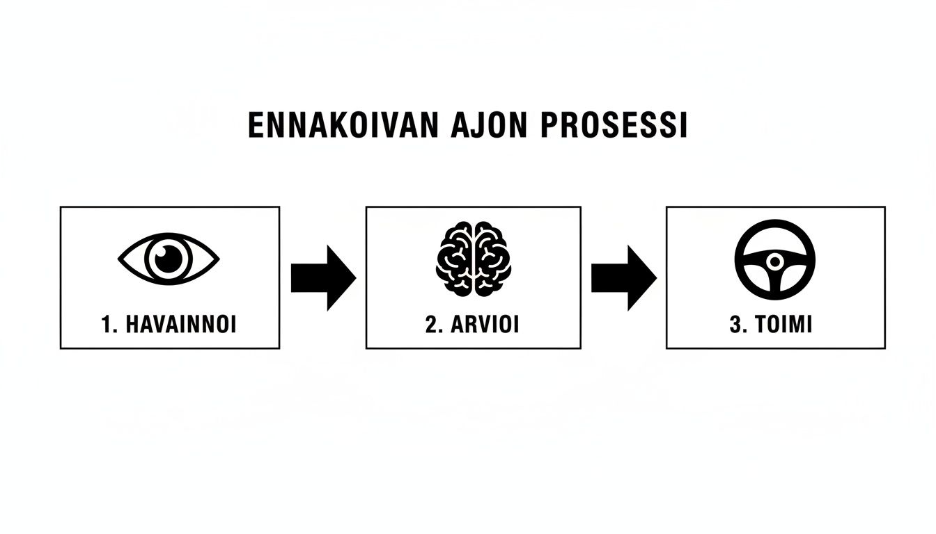 Kaavio ennakoivan ajon prosessista: havainnoi, arvioi ja toimi kuvakkeiden kera.
