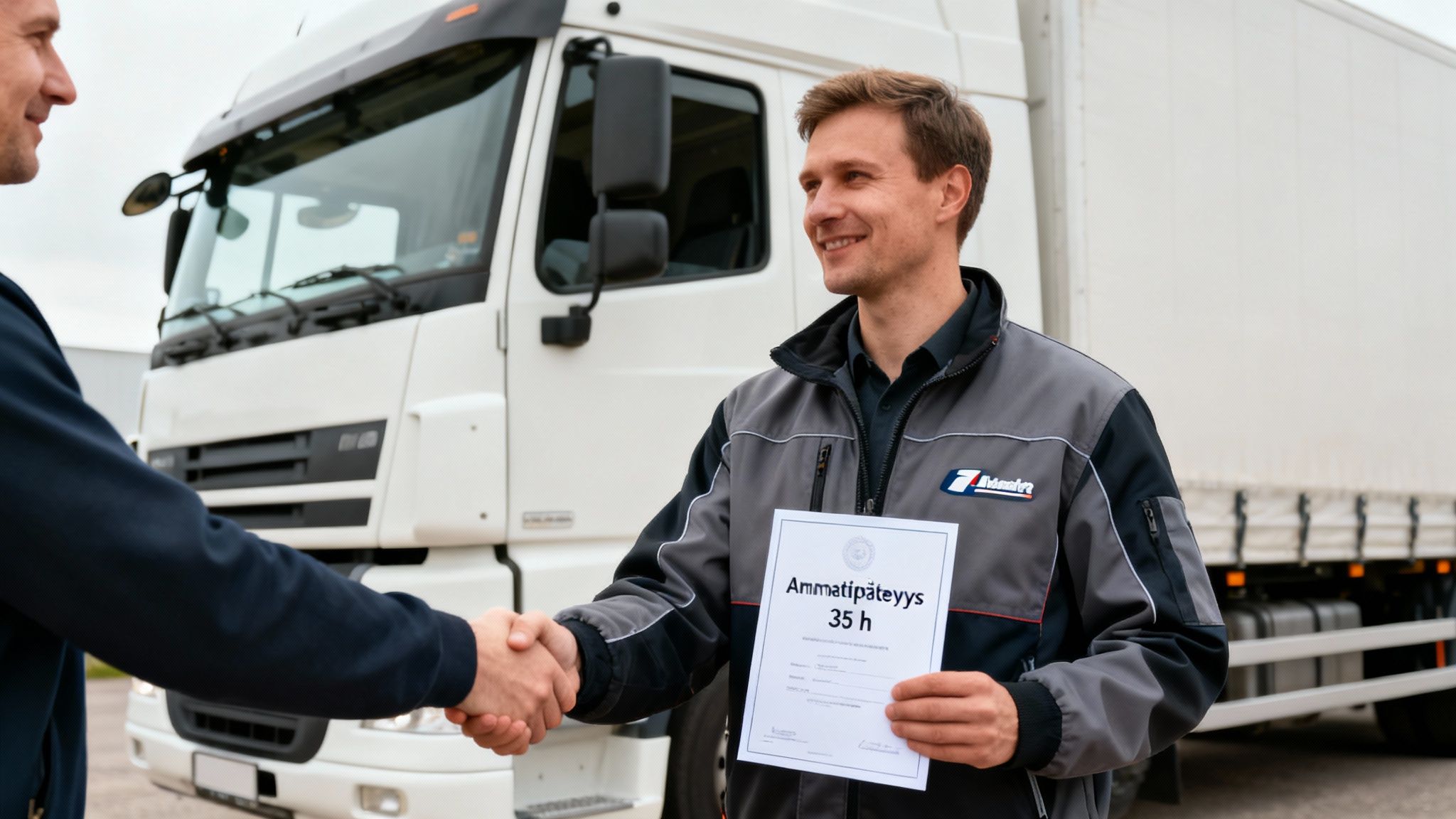 Kaksi miestä kättelee kuorma-auton edessä, toinen pitää todistusta ammattipätevyydestä.