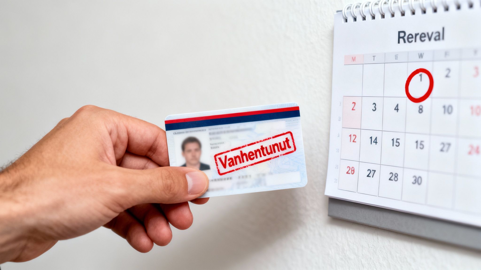 Käsi pitää vanhentunutta ammattipätevyyskorttia kalenterin edessä, jossa on merkitty uusimispäivä.