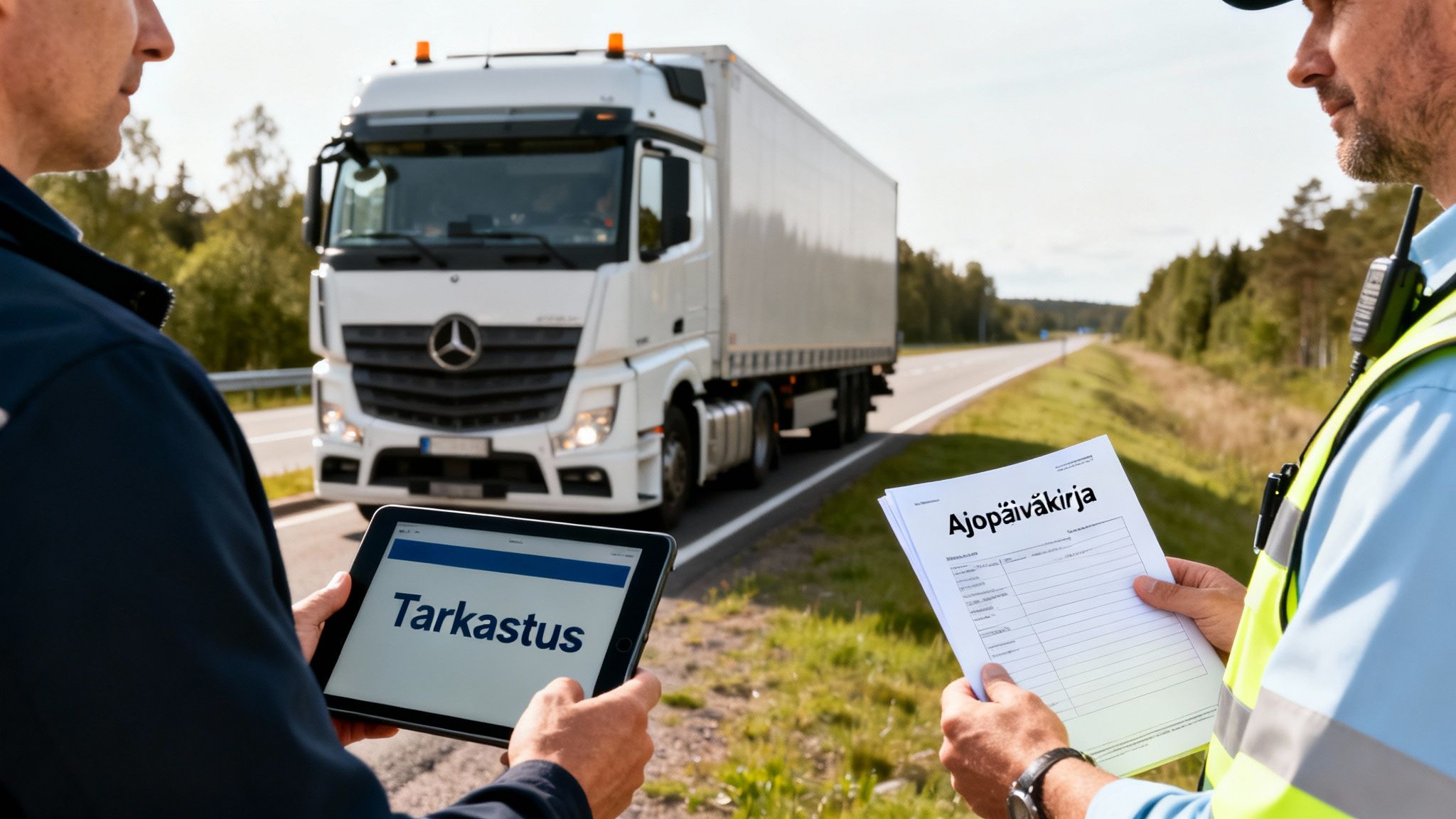 Viranomaiset tarkistavat kuorma-auton ajo- ja lepoaikoja tieliikenteen valvonnassa tabletin ja paperien avulla.