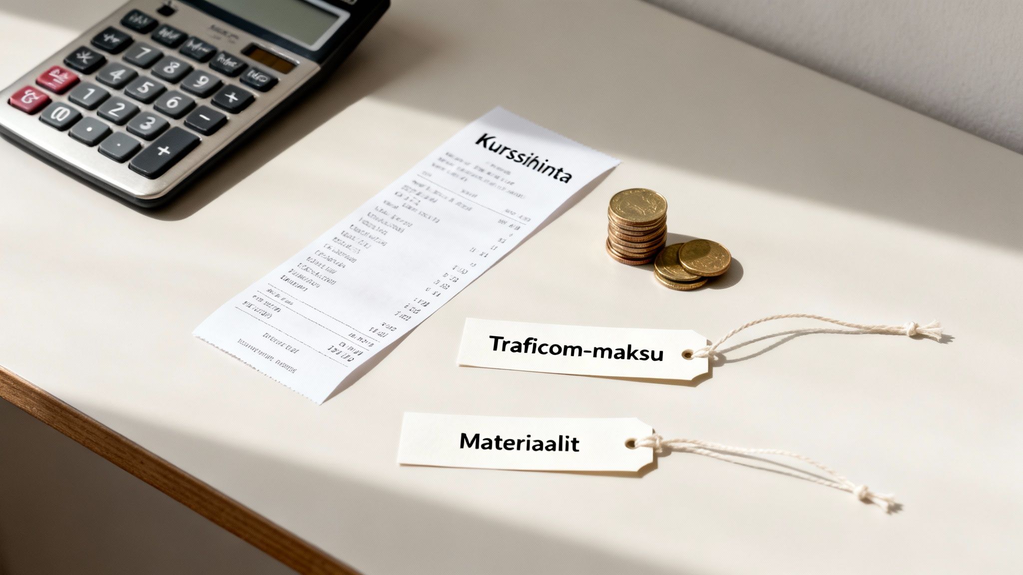 Työpöydällä laskin, kuitti kurssihinnoista, kolikkoja sekä nimilaput Traficom-maksusta ja materiaaleista.