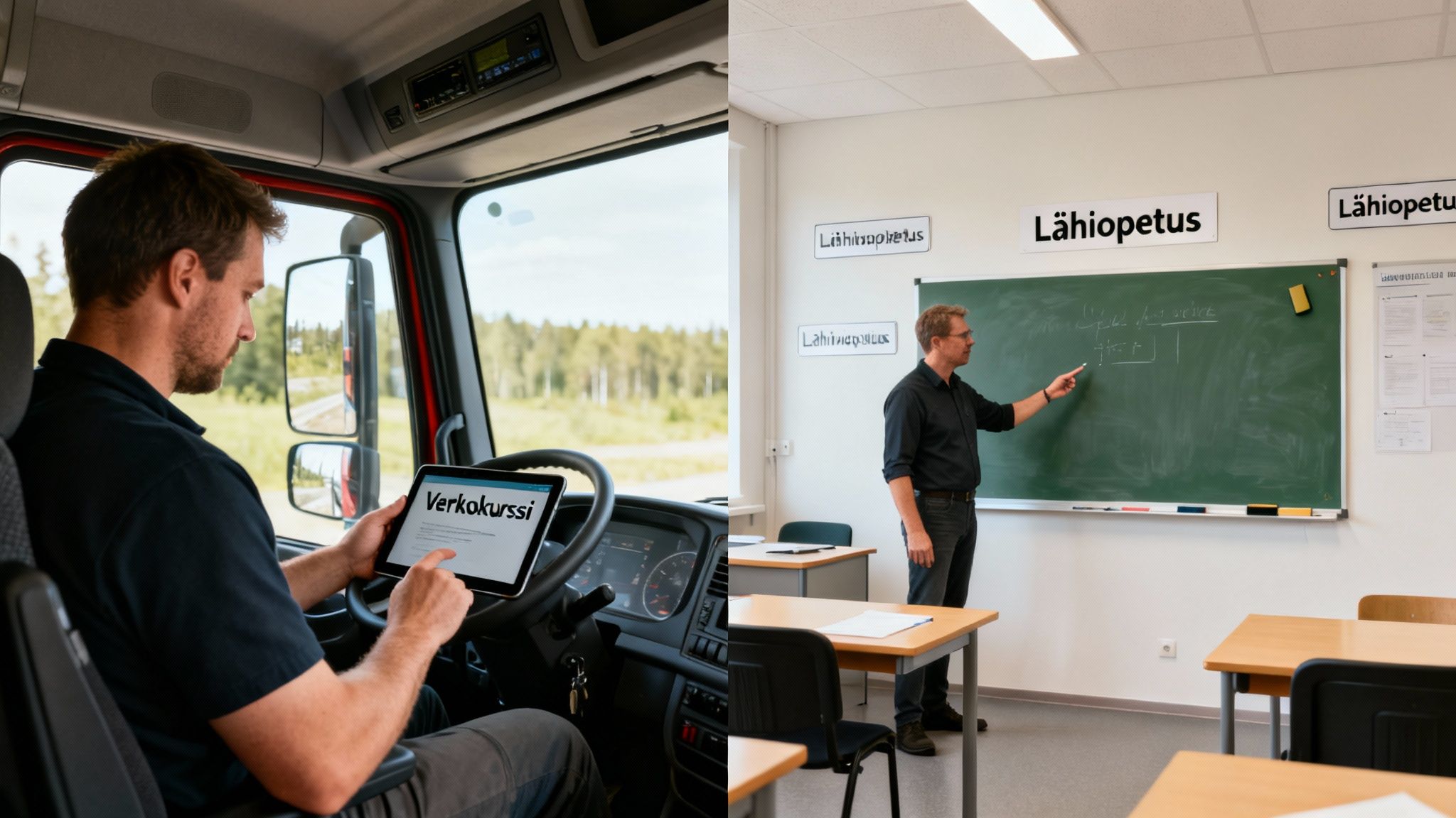 Mies kuorma-autossa suorittaa verkkokurssia ja opettaja pitää lähiopetusta luokkahuoneessa.