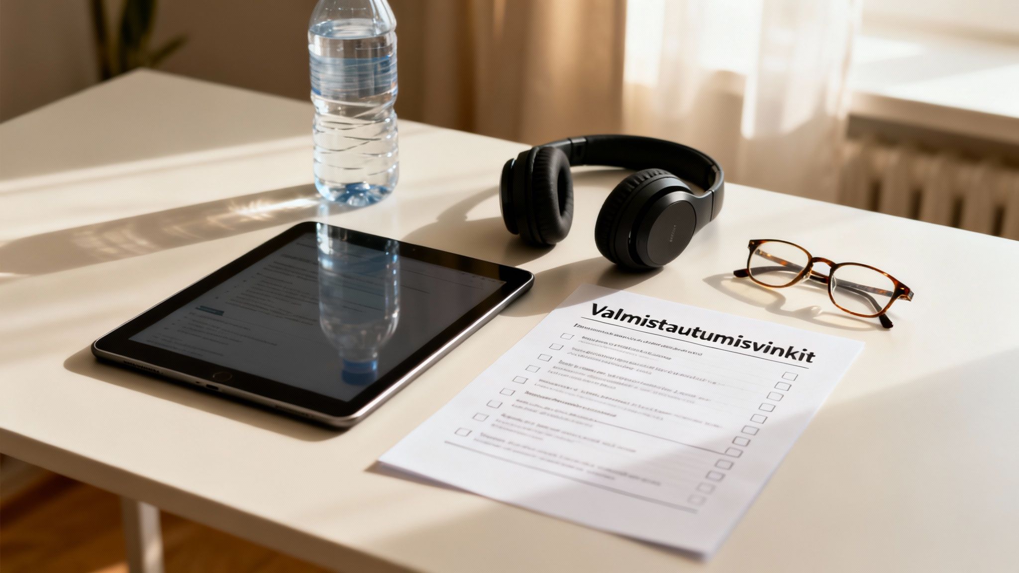 Työpöydällä tabletti, vesipullo, kuulokkeet, silmälasit ja paperi 'Valmistautumisvinkit'-otsikolla aurinkoisessa huoneessa.