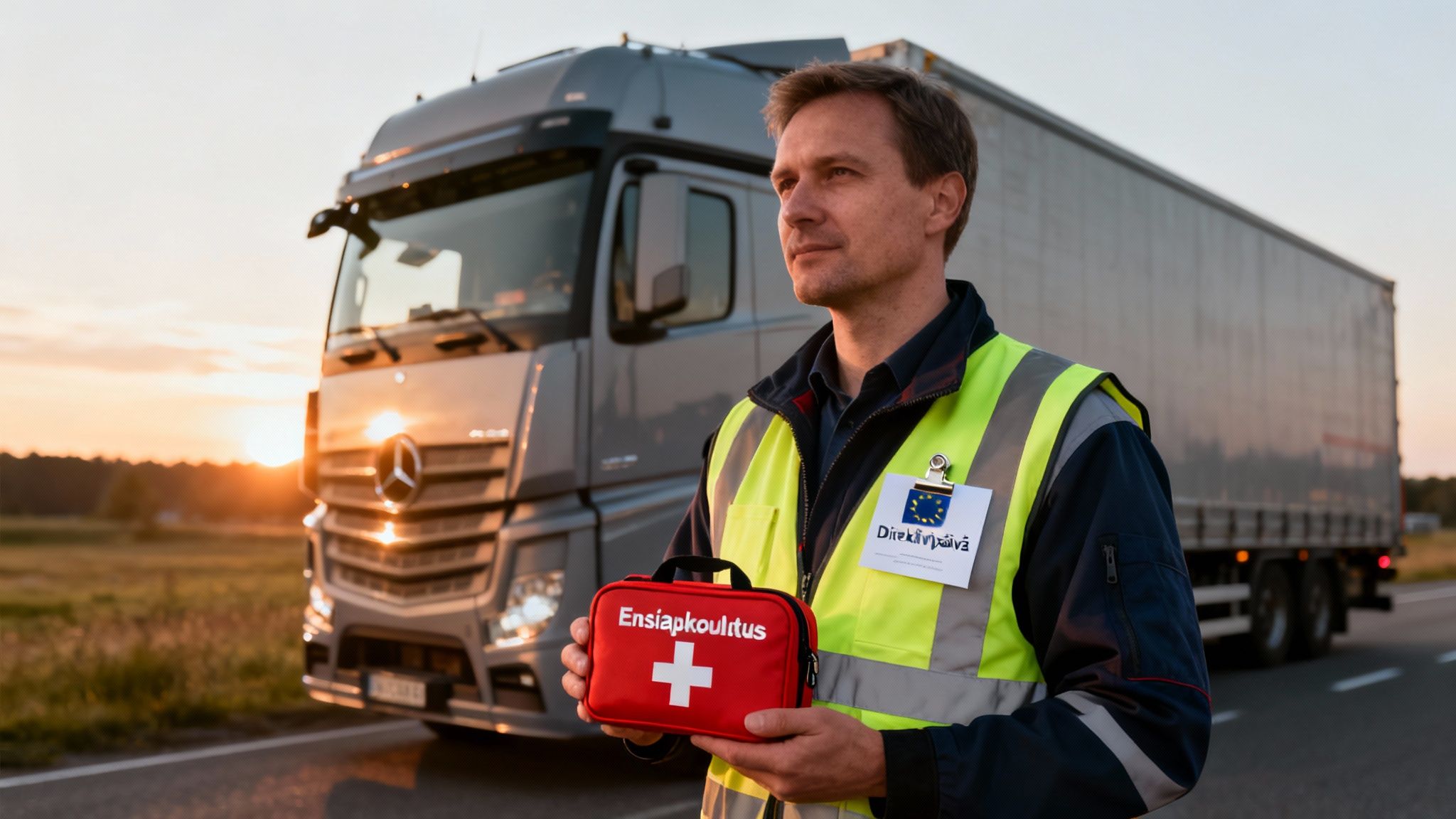 Mies, jolla on heijastinliivi ja ensiapulaukku, seisoo kuorma-auton edessä auringonlaskussa.