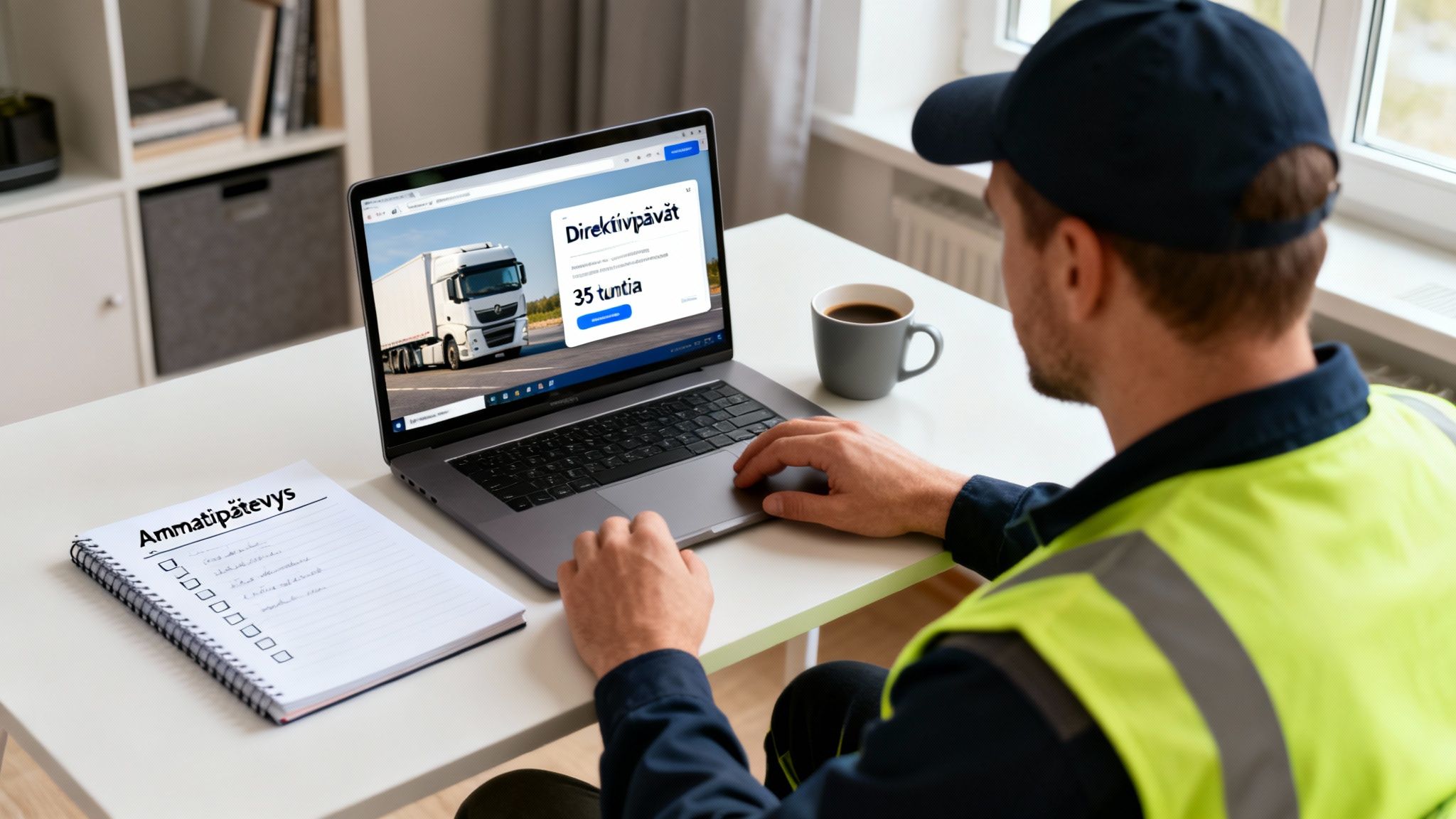 Mies katsoo kannettavaa tietokonetta, jossa näkyy rekka-auto ja direktiivipäivien koulutusinformaatiota.