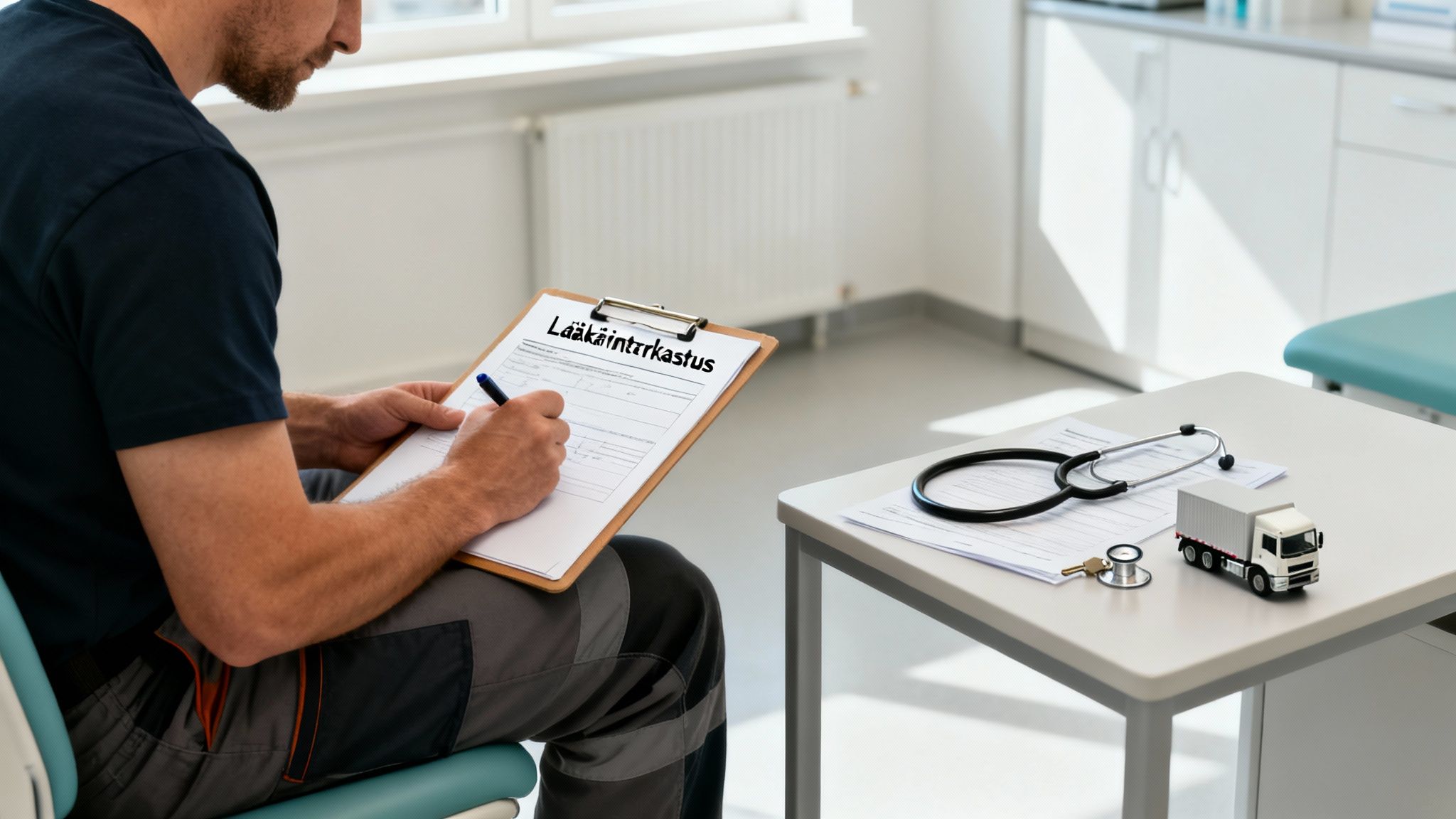 Mies täyttää lääkärintarkastuslomaketta. Pöydällä on stetoskooppi ja lelu-kuorma-auto, viitaten kuljettajan tarkastukseen.