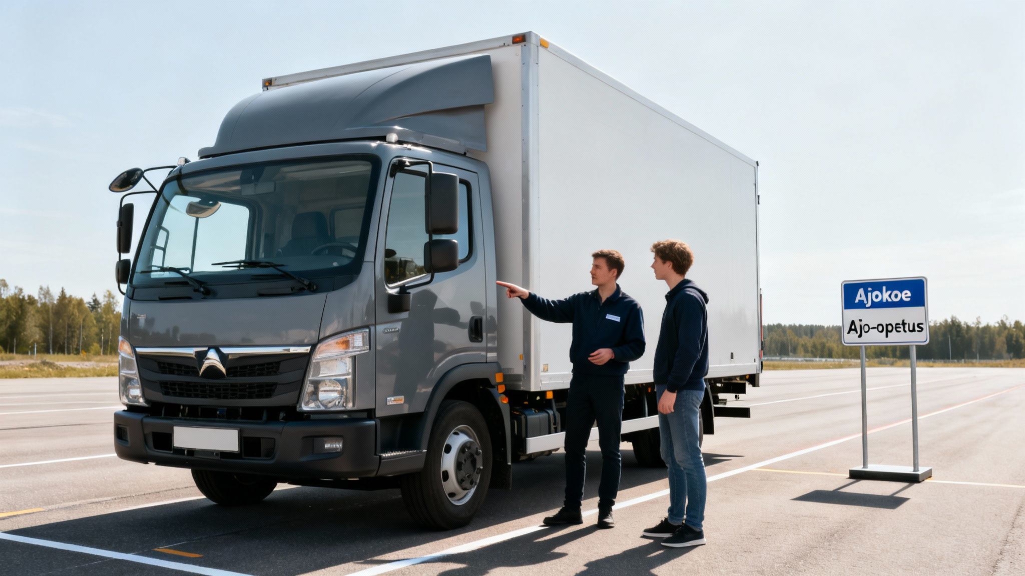 Kaksi miestä seisoo harmaan kuorma-auton edessä ajo-opetusalueella, toinen osoittaa ajoneuvoa selittäen.