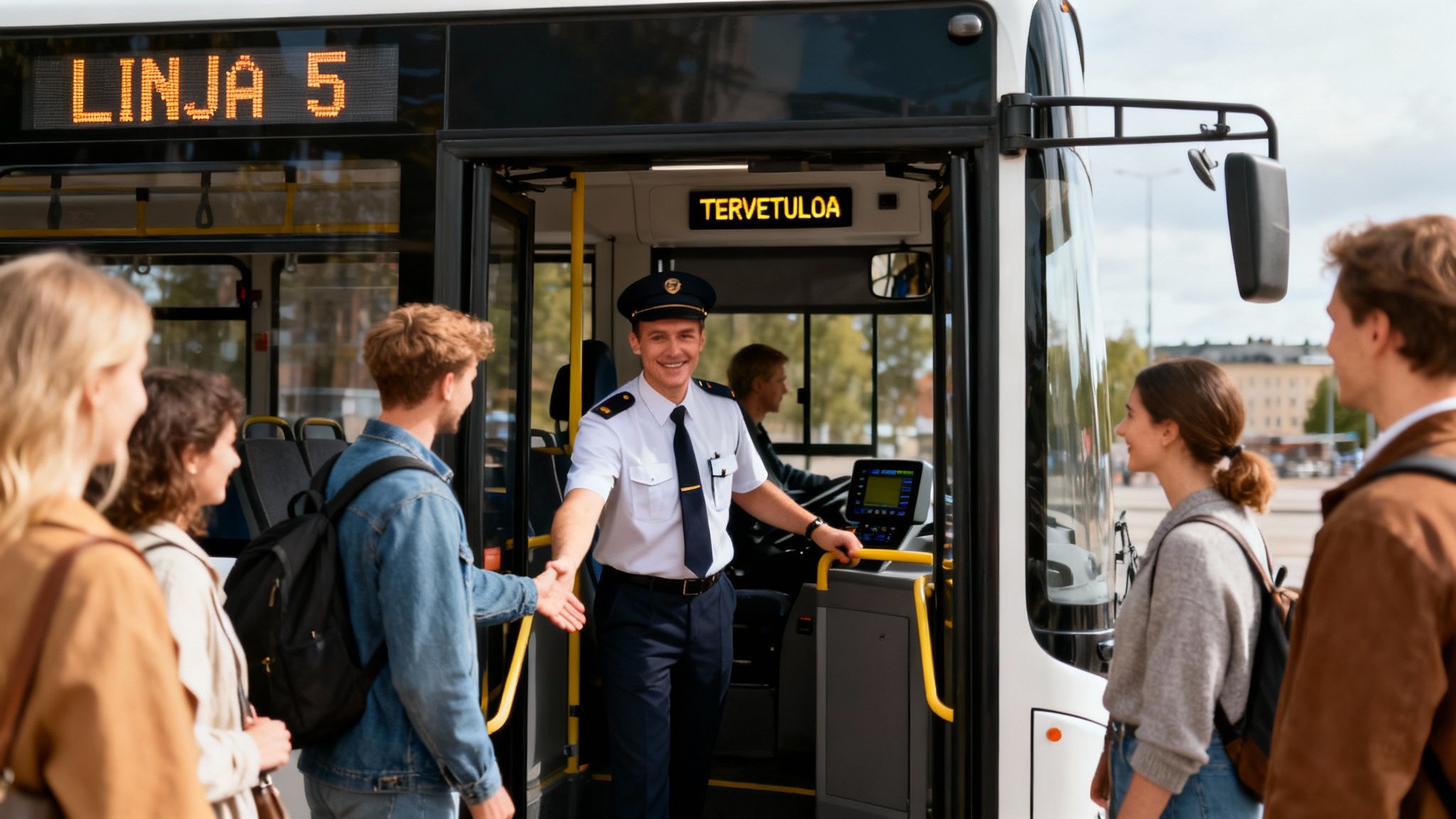 Bussinkuljettaja hymyilee ja toivottaa matkustajia tervetulleiksi linja 5:lle.