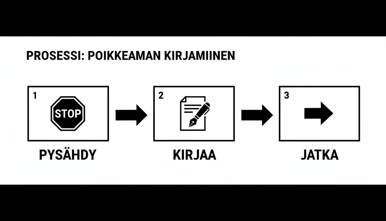 Kaaviokuva poikkeaman kirjaamisprosessista: pysähdy, kirjaa poikkeama ja jatka matkaa.