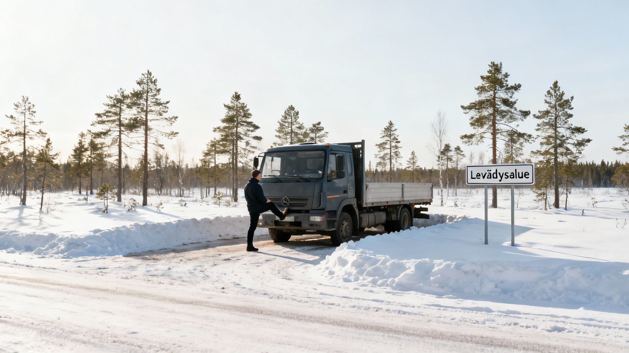 Mies venyttelee kuorma-auton edessä lumisella tiellä Levähdysalue-kyltin vieressä, talvisessa maisemassa mäntyjen ympäröimänä.