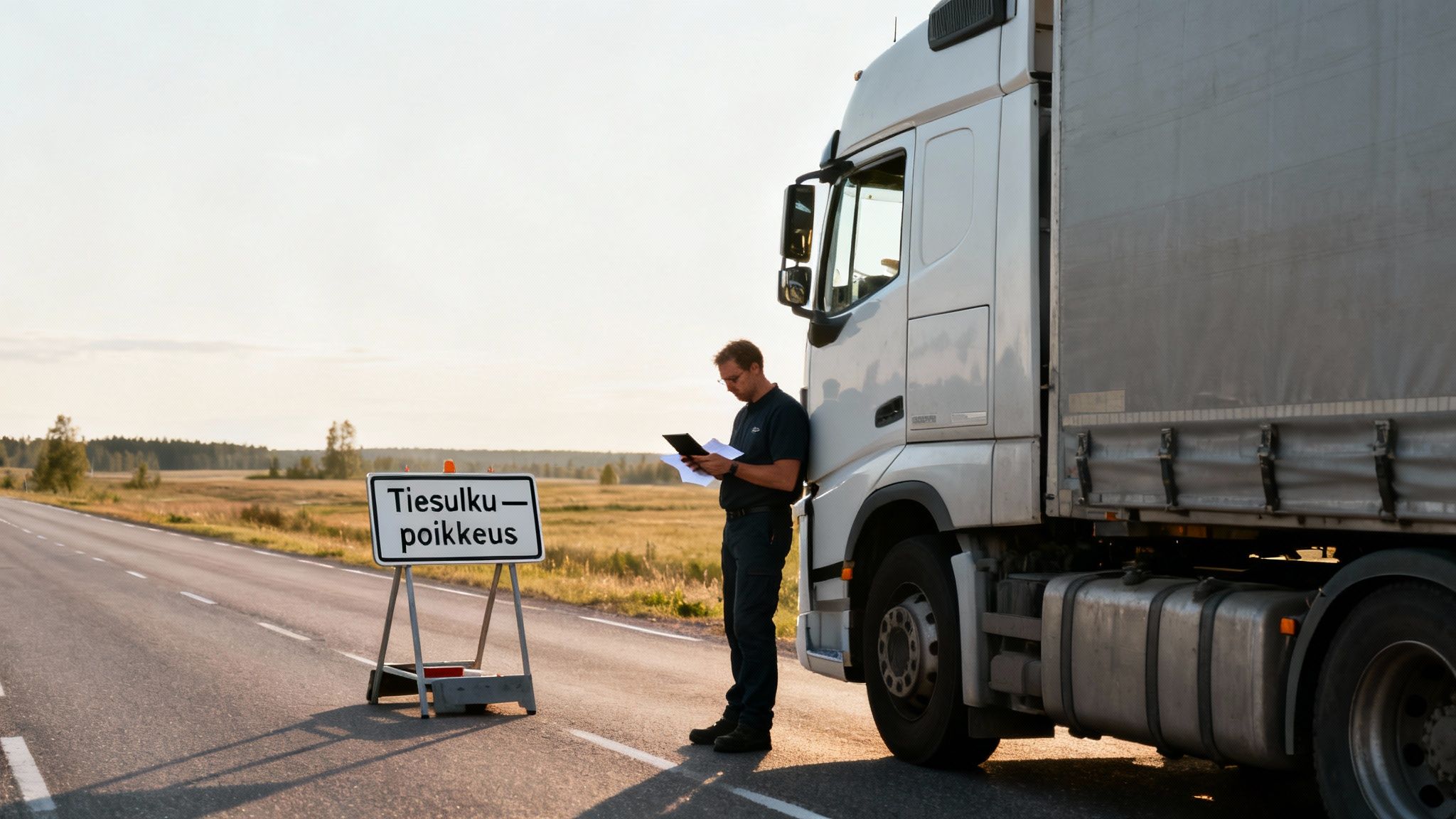 Kuorma-autonkuljettaja tarkistaa asiakirjoja ja tablettia valkoisen rekkansa vieressä tien varrella, tiesulku-kyltin ääressä.