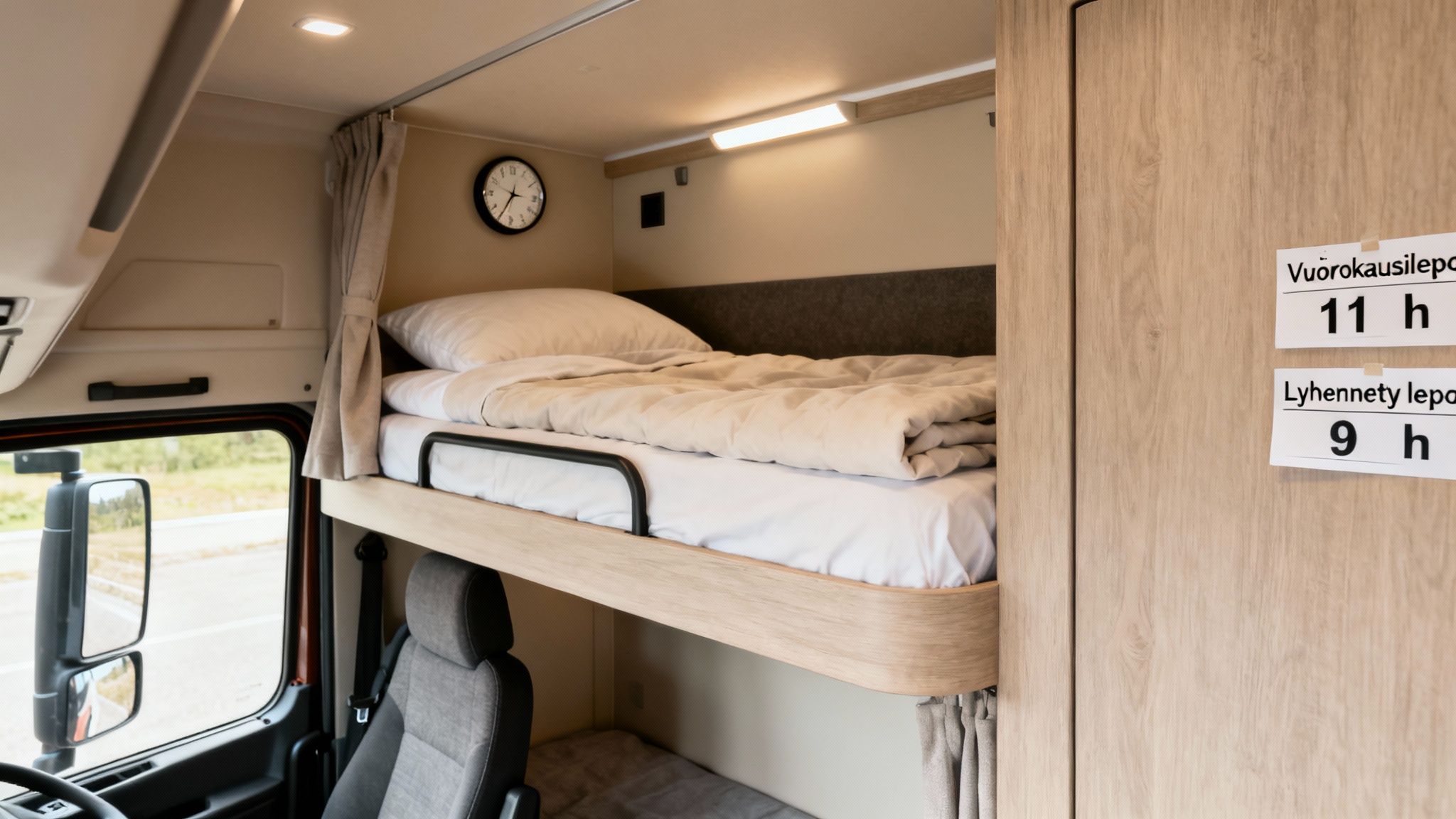 Kuva kuorma-auton hytistä, jossa on kerrossängyt, kello ja kylttejä, tarjoten levähdyspaikan kuljettajalle.