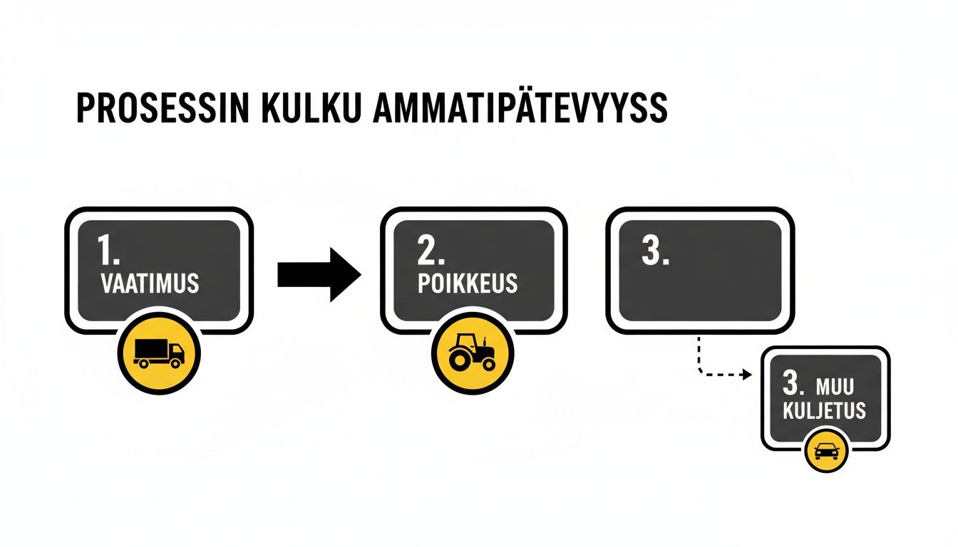 Kaavio esittää ammattipätevyysprosessin kulun: vaatimukset, poikkeukset ja muut kuljetukset ikonien avulla.