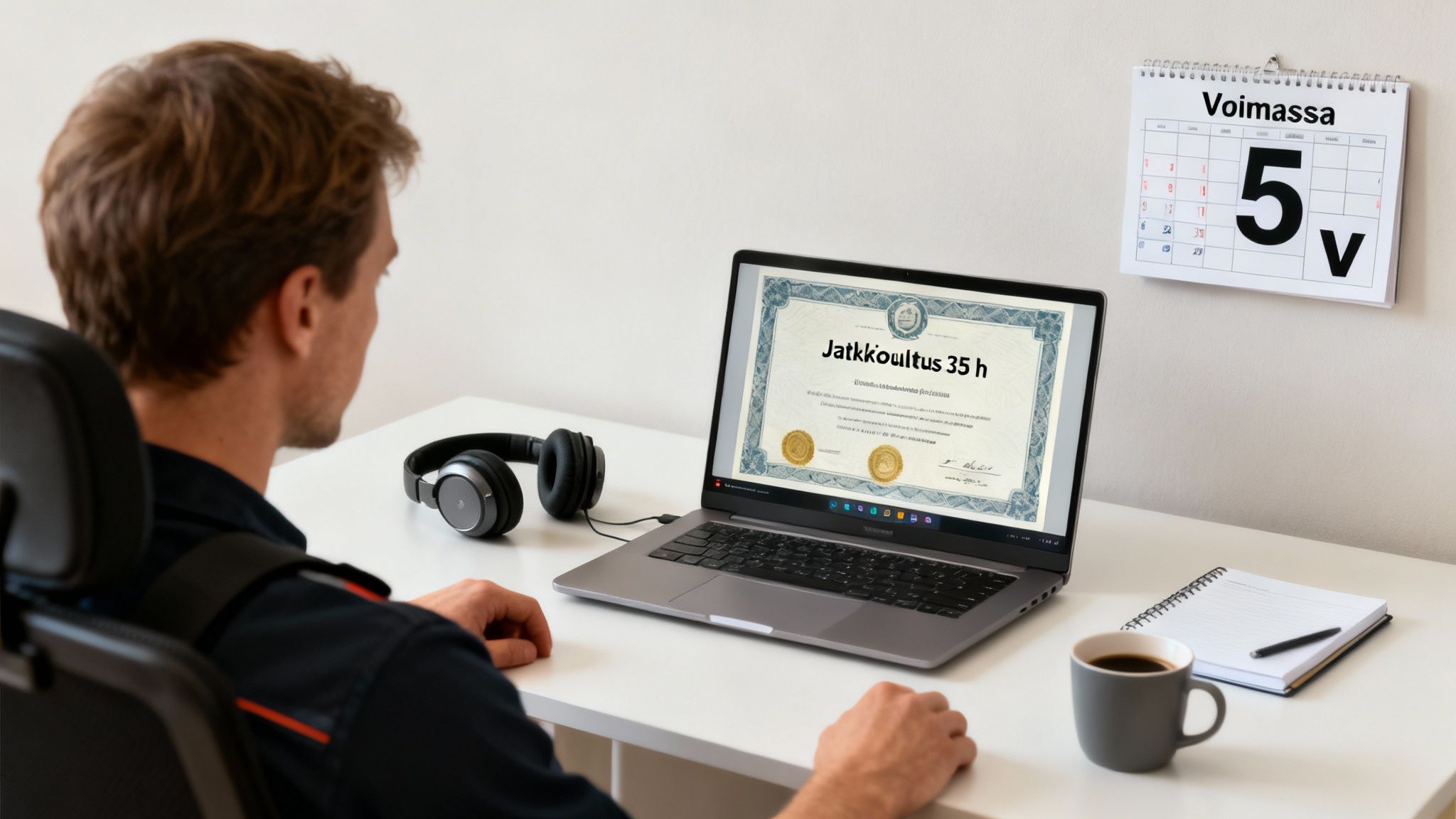 Mies katsoo kannettavaa tietokonetta, jossa näkyy koulutustodistus. Pöydällä on kuulokkeet, kahvi ja kalenteri.