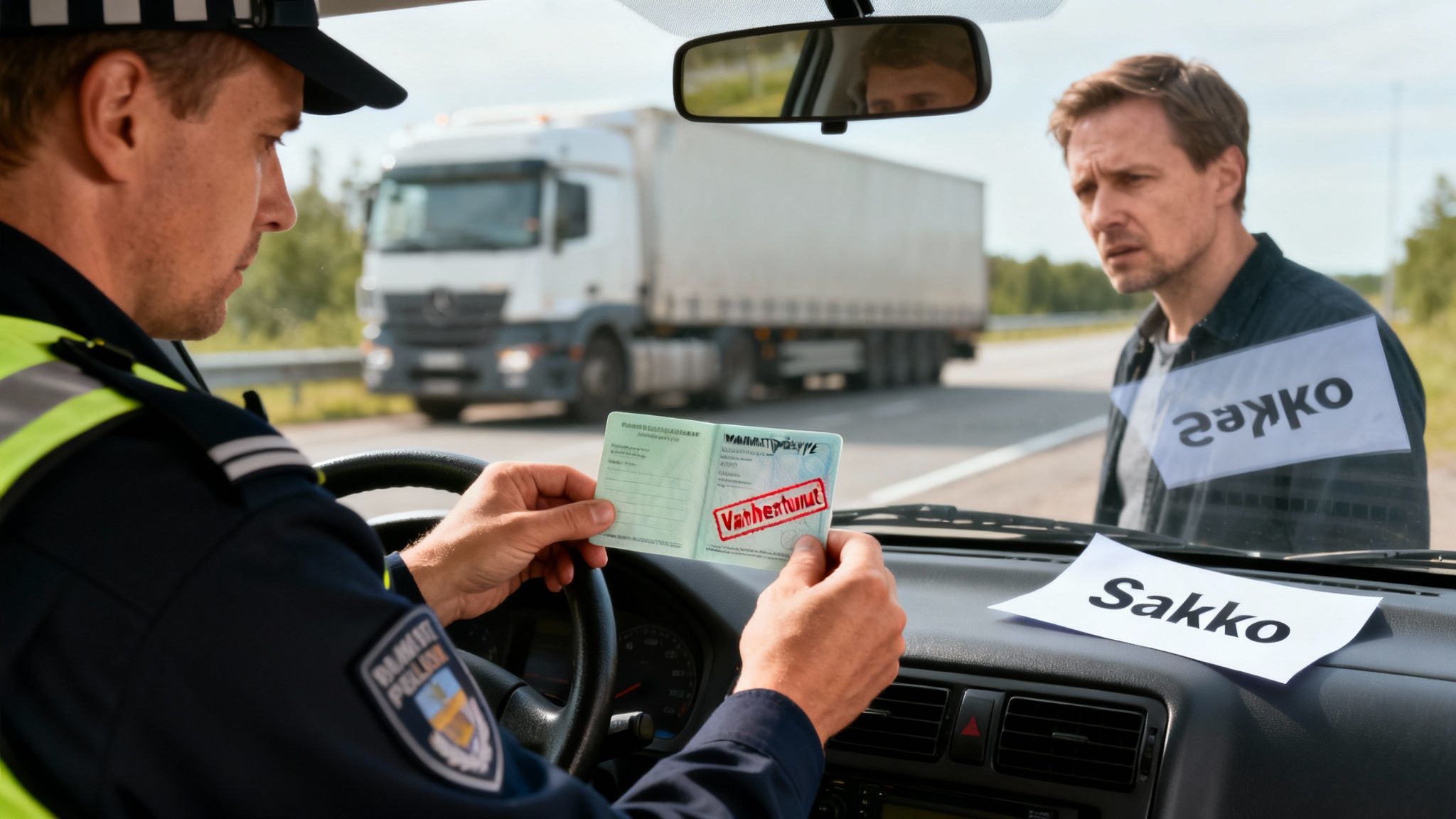 Poliisi tarkistaa miehen vanhentunutta ammattipätevyyskorttia autossa tien varrella, sakko odottaa.