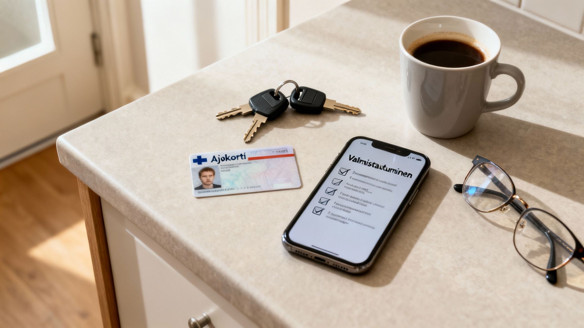 Ajokortti, avaimet, älypuhelin, kahvikuppi ja silmälasit keittiön työtasolla.