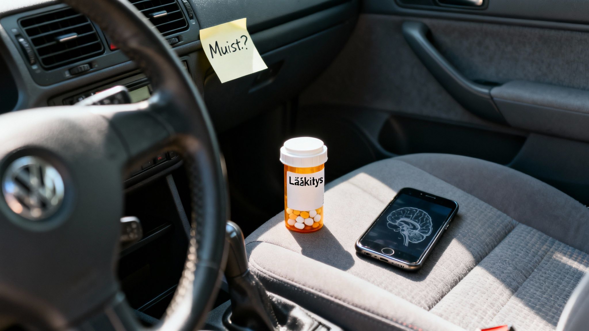 Kuvassa auton matkustajan penkillä lääkepullo, puhelin ja kojelaudassa muistilappu. Muistisairaus ja ajokyky.