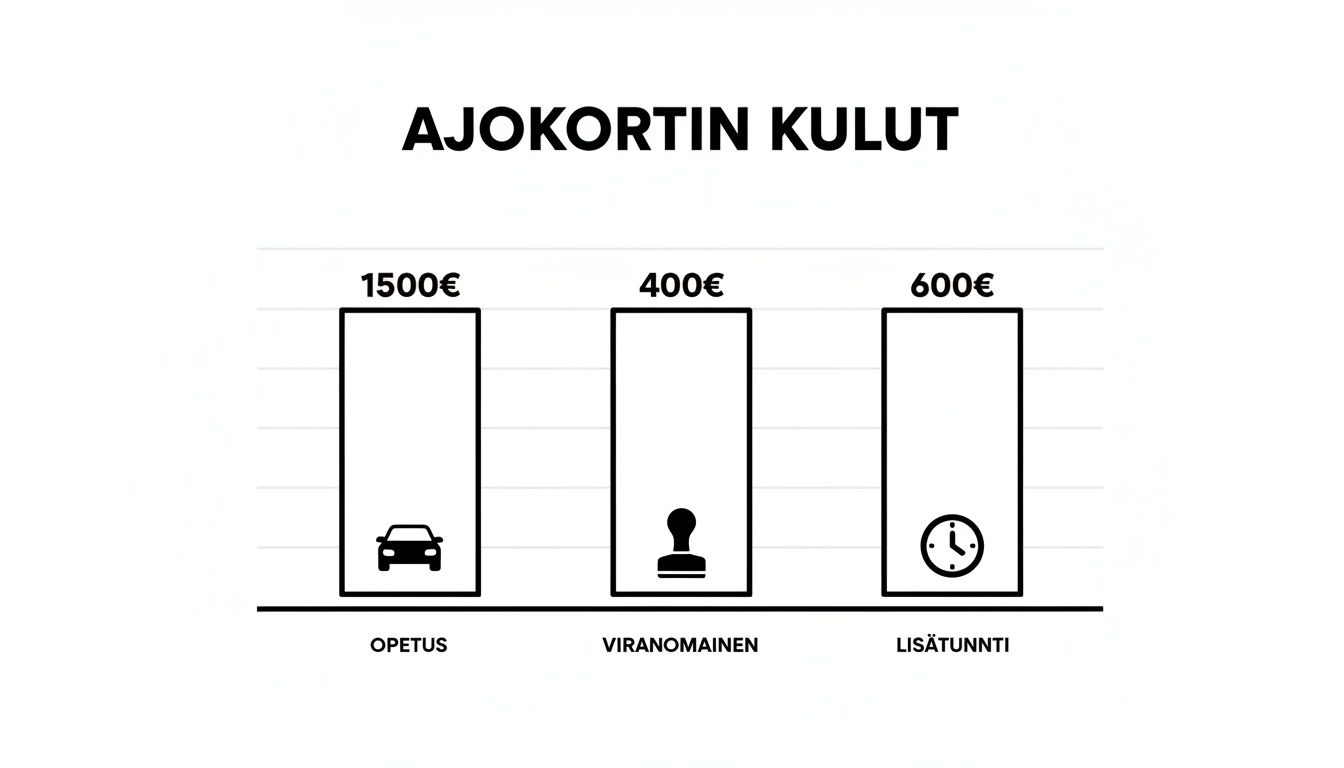 Pylväsdiagrammi esittää ajokortin kokonaiskulut ja erittelee opetuksen, viranomaismaksujen ja lisätuntien hintoja.