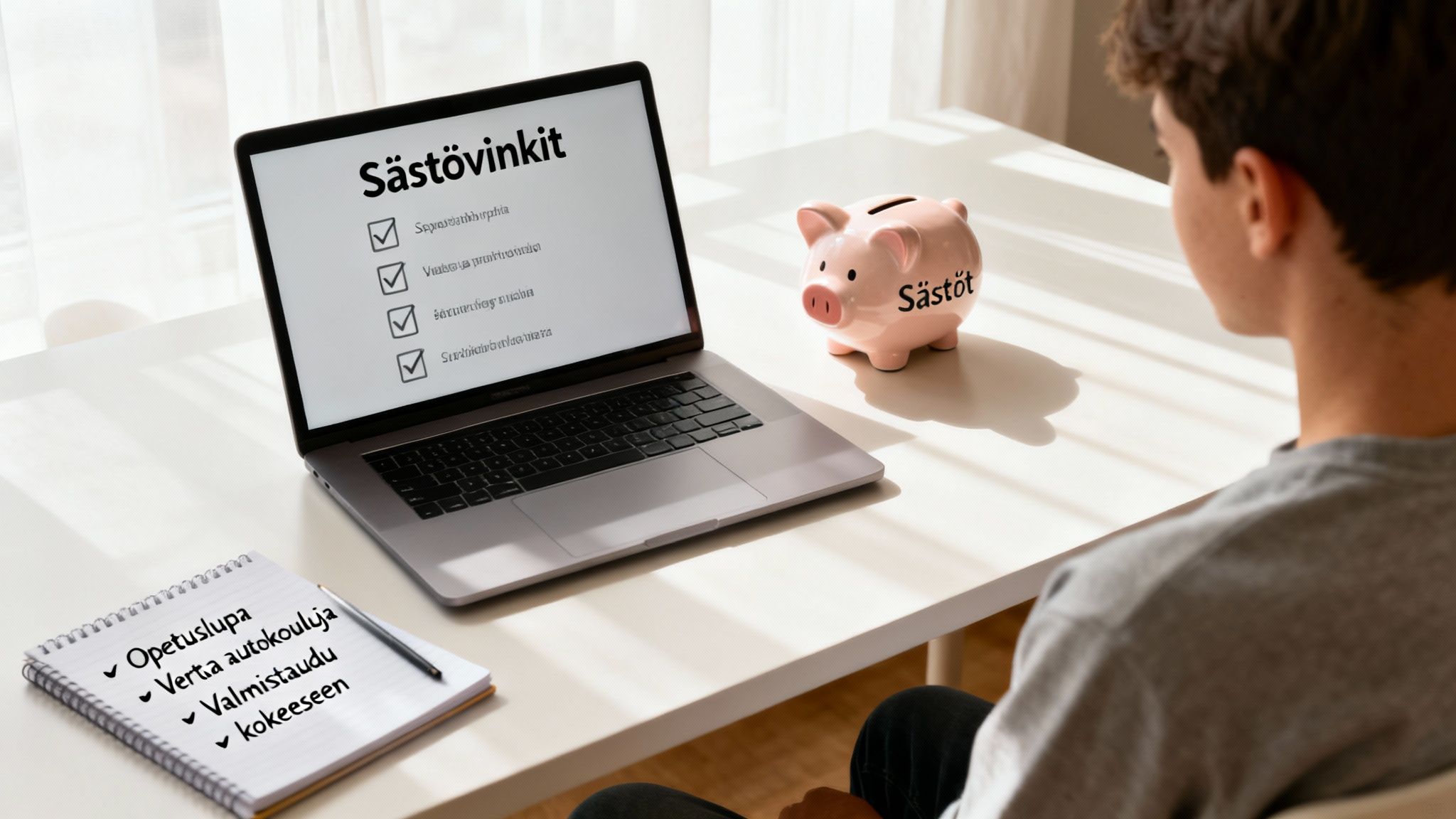 Nuori suunnittelee säästöjä ajokorttia varten tietokoneen, säästöpossun ja muistilehtiön avulla.