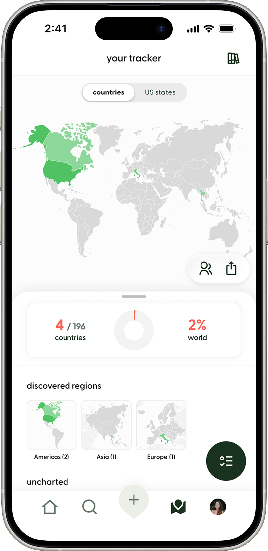 Flaire App screen of the Tracker: A personal travel map that visualizes countries the user has visited. Countries are shaded in green, with darker shades indicating a greater number of places marked as “Been” within that country. The screen also shows travel statistics, regional progress, and discovery summaries.