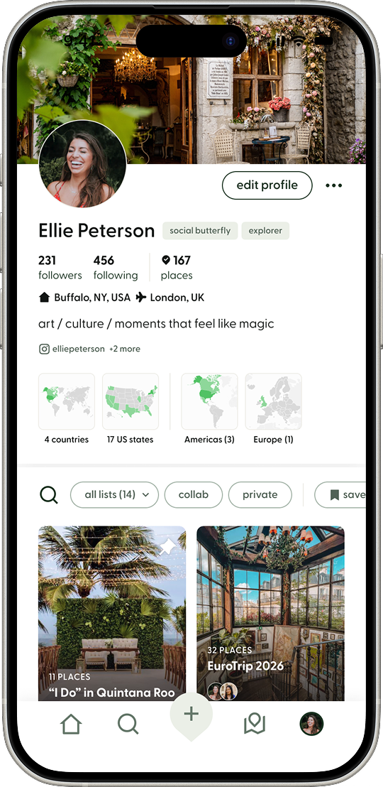 A Flaire App screen of a user's profile featuring a cover photo, bio, follower metrics, the number of places they've logged, and traveler-type badges based on the user’s quiz results. The profile includes preview thumbnails of the user’s Tracker by region, as well as Lists they've created.