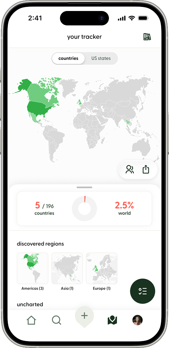 Flaire App screen of the Tracker: A personal travel map that visualizes countries the user has visited. Countries are shaded in green, with darker shades indicating a greater number of places marked as “Been” within that country. The screen also shows travel statistics, regional progress, and discovery summaries.