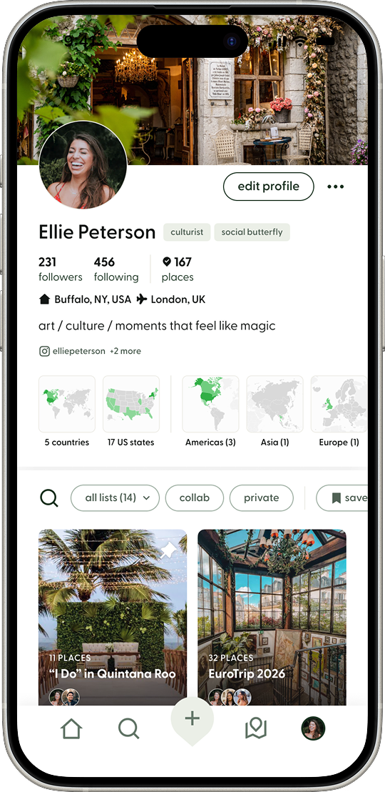 A Flaire App screen of a user's profile featuring a cover photo, bio, follower metrics, the number of places they've logged, and traveler-type badges based on the user’s quiz results. The profile includes preview thumbnails of the user’s Tracker by region, as well as Lists they've created.