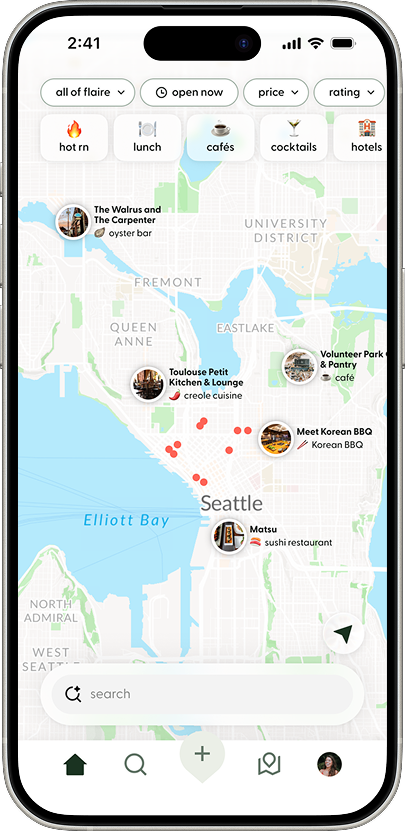Flaire app screen of an interactive map displaying recommended places with photo-based pins and category filters across the top. Users can explore nearby restaurants, cafés, hotels, and other destinations, search for places, and discover locations saved or visited by the Flaire community.