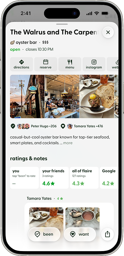 Flaire app screen of a detailed place page featuring photos, basic information, and quick actions such as directions, reservations, menu, and social links. Users can mark the place as “Been” or “Want to Go,” see how many Flaire users have saved or visited it, view community ratings and reviews, and browse photos and notes shared by other travelers.