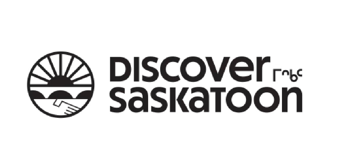 Discover Saskatoon logo with a stylized sun rising above hills and a handshake inside a circle.