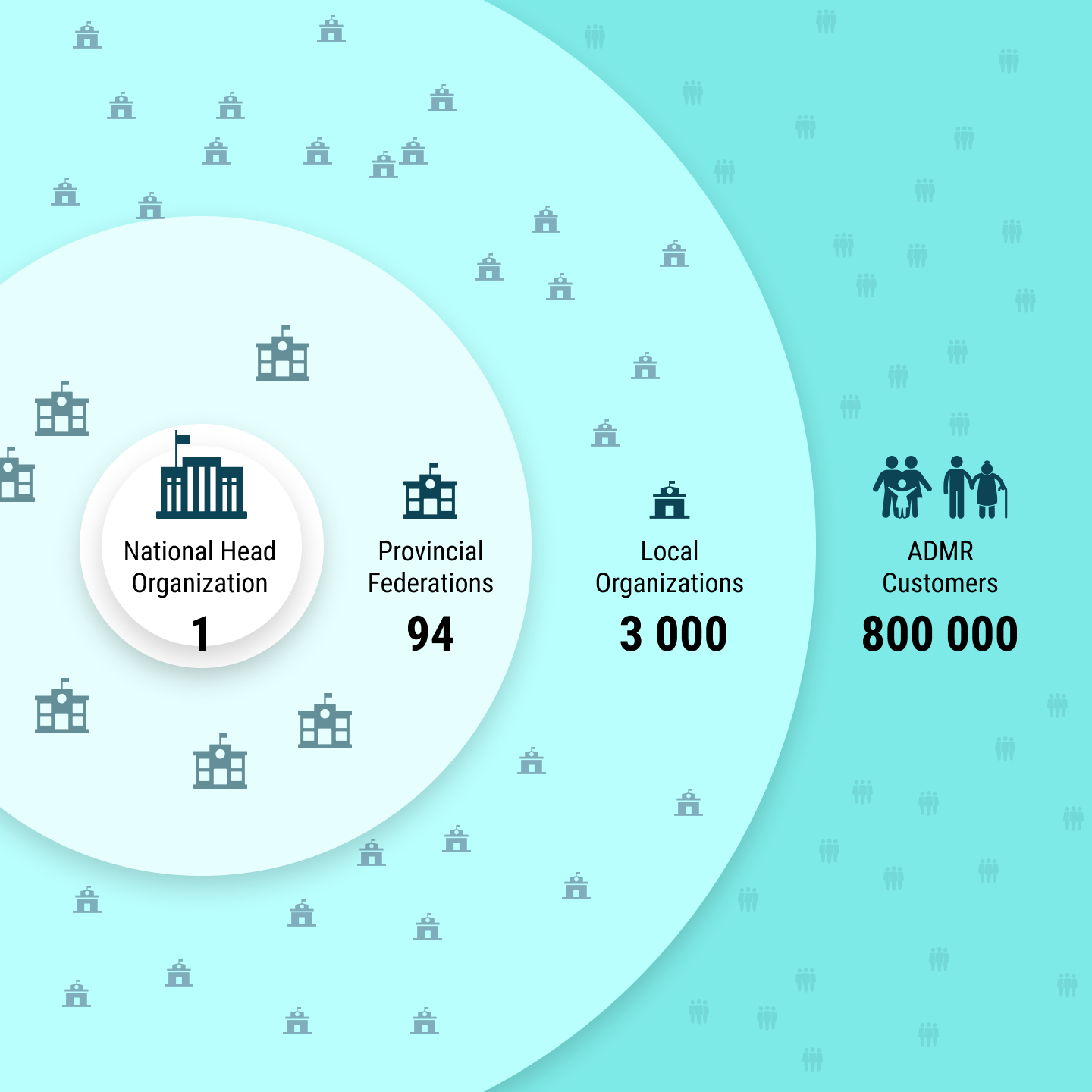 Hierarchical diagram illustrating the structure of the ADMR network, featuring local organizations grouped in federations and overseen by a central national entity.