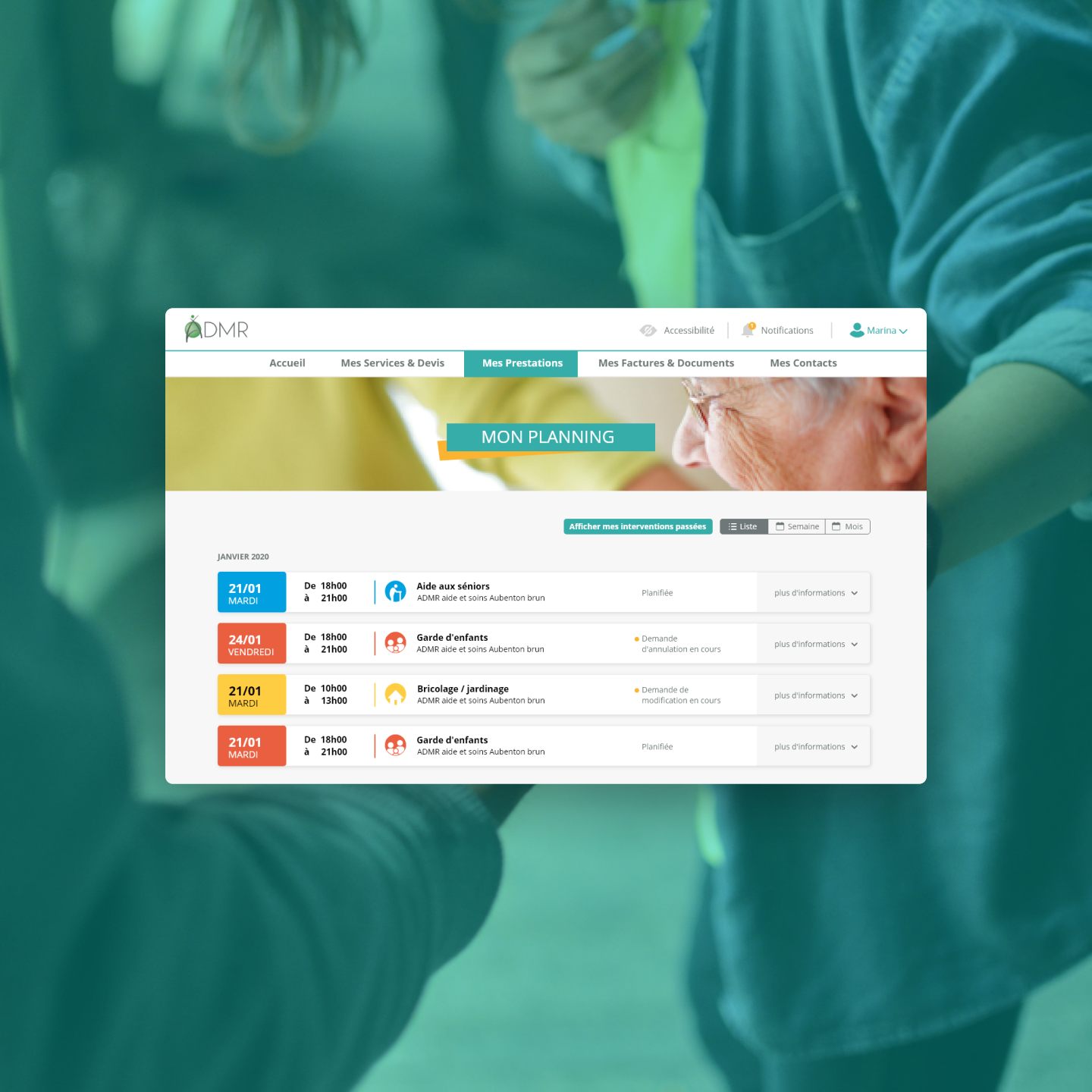 ADMR services user planning overview, highlighting various planned interventions.