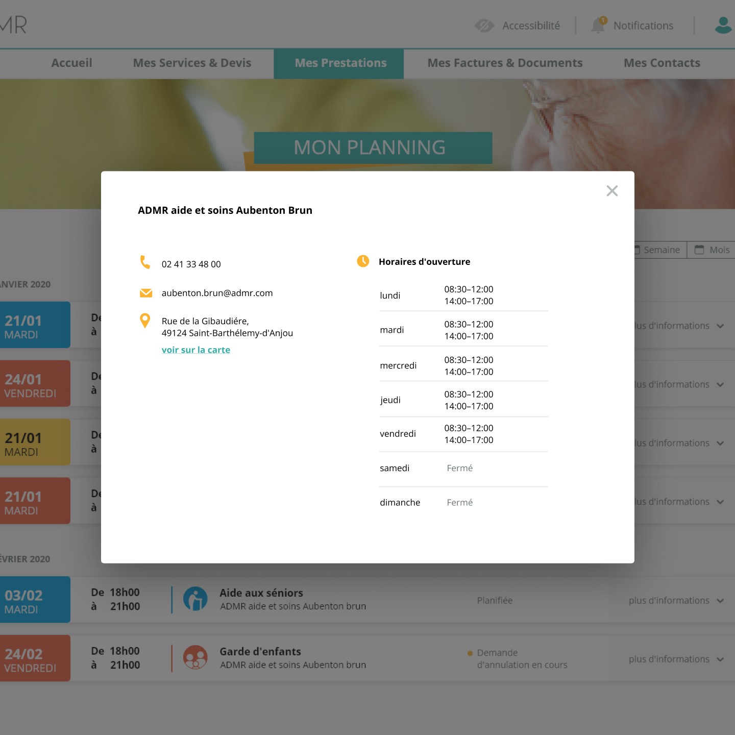 Seamless access to ADMR association contact details via the online platform.