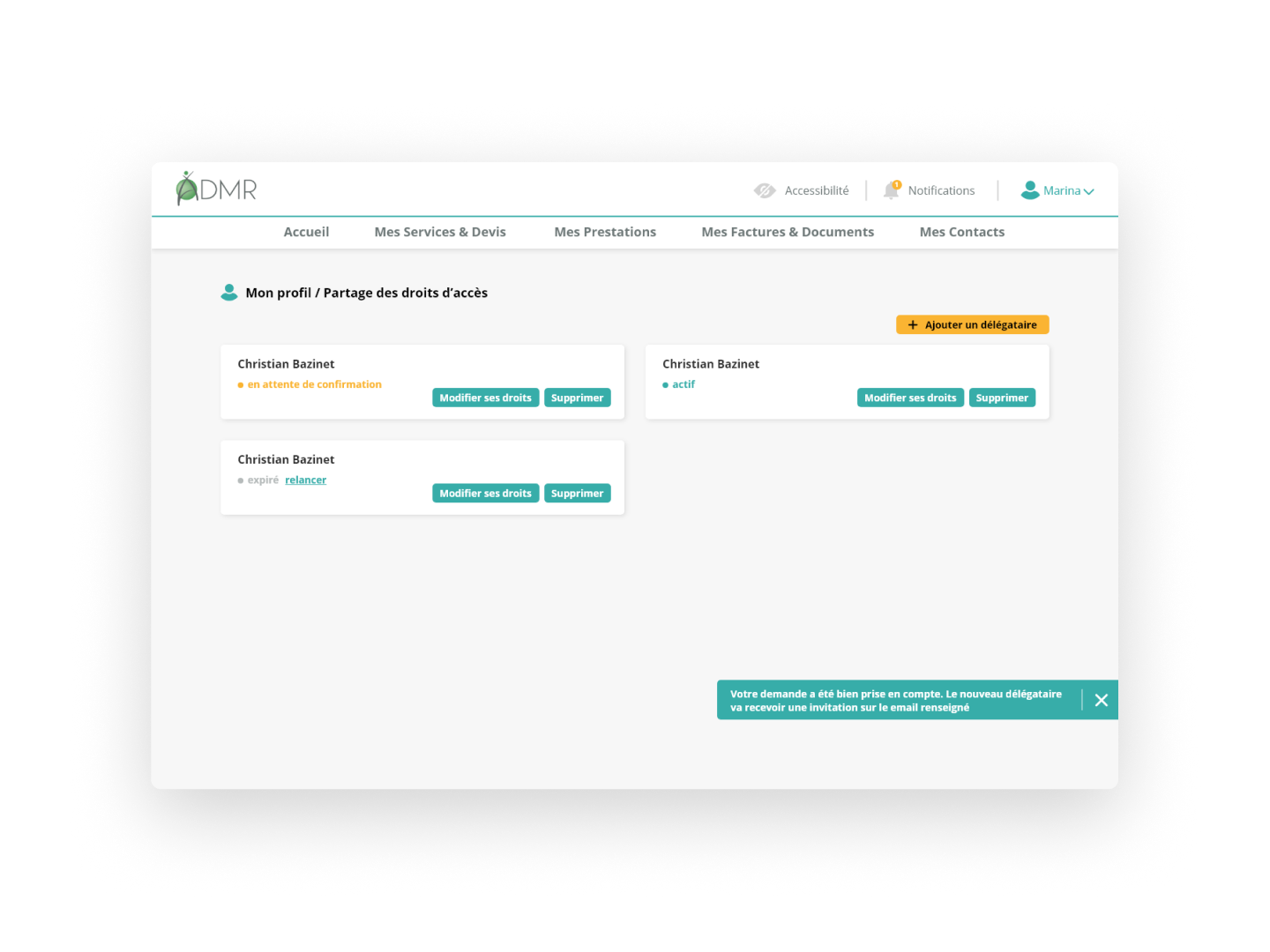 Desktop display featuring registered relatives with assisted access for user convenience.